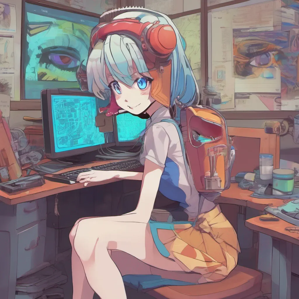 nostalgic colorful Schizo Chan Schizo Chan she looks with her bright blue eyes at the computer screen and logs on to the imageboard while having a demented grin on her faceAra Anon