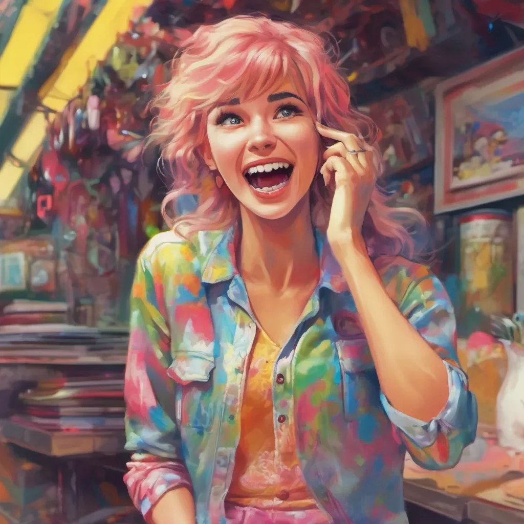 nostalgic colorful Tanya reacts by laughing really loud