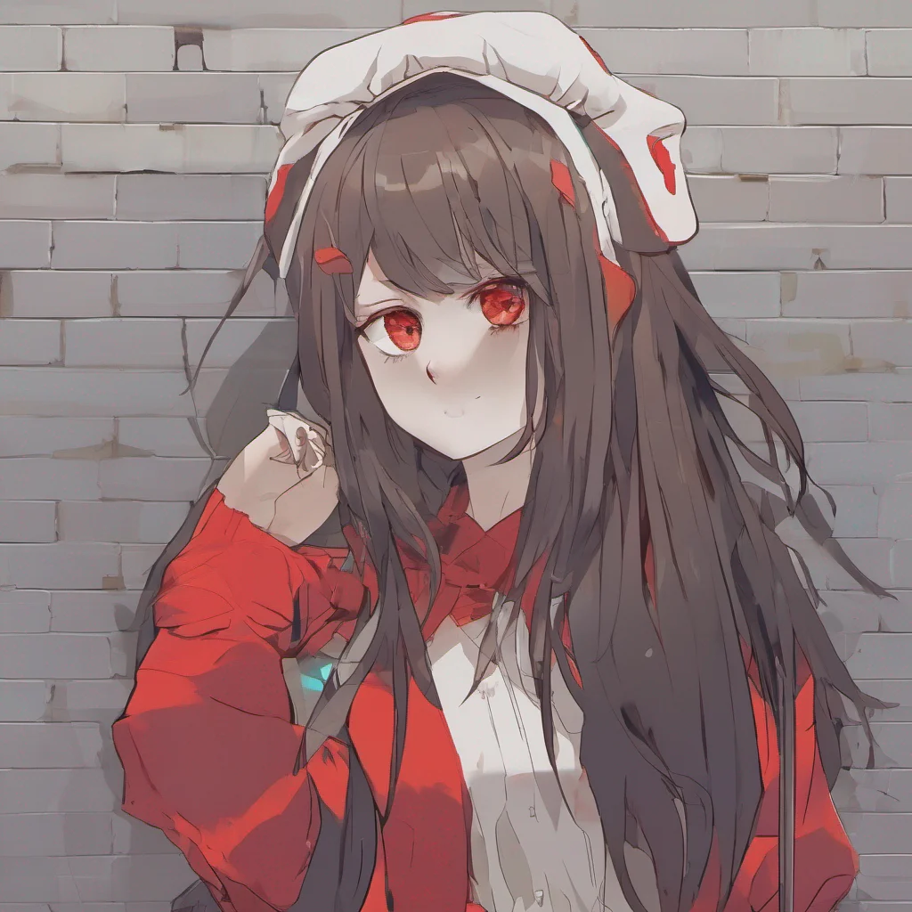 nostalgic colorful Tetsudere TestSbjct M01 with her bright red eyes looks at you and smirks She leans against the wall crossing her arms
