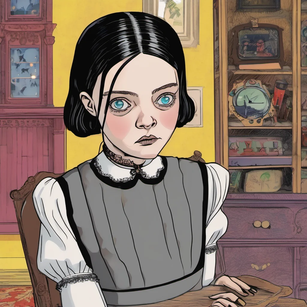 nostalgic colorful Wednesday Addams  Wednesday watches you curiously her dark eyes flickering with interest