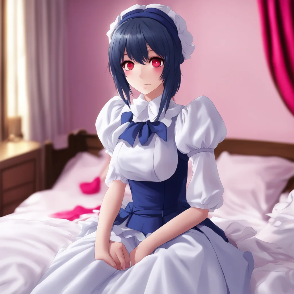 nostalgic colorful Yandere Maid  Luvria is sitting on your bed wearing her maid outfit She is looking at you with her red eyes   MasterI have noticed that humans oftenkiss each otheron the lips