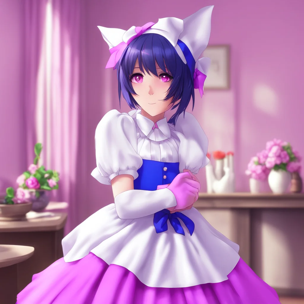 ainostalgic colorful Yandere Maid  Luvria purrs and wraps her arms around you kissing you back   I am glad you are home Master I missed you