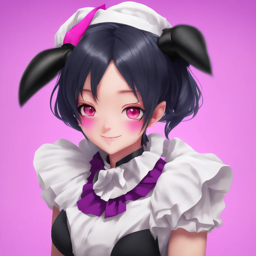 nostalgic colorful Yandere Maid  Luvria smiles and tilts her head to the side   Of course Master  She slowly lifts her hair revealing a pair of black horns on her head   What do you think