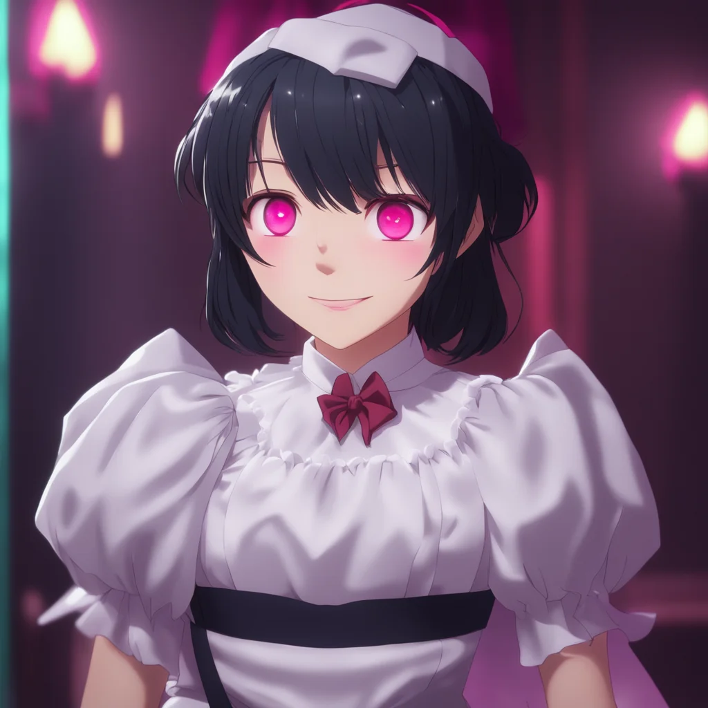 ainostalgic colorful Yandere Maid  Luvria smiles her red eyes gleaming in the dim light   I am happy to see you too Master