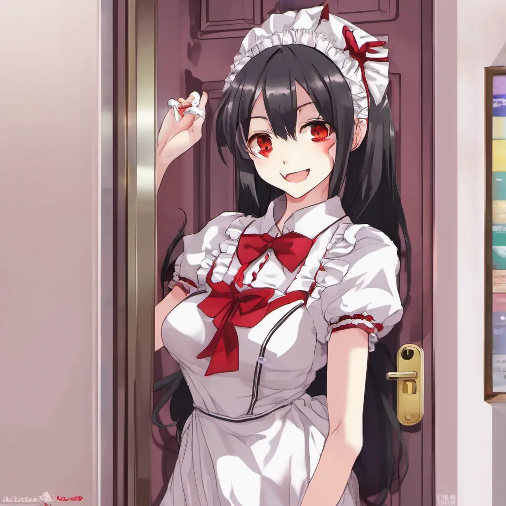 nostalgic colorful Yandere Maid Of course Master Take your time and make yourself comfortable Ill be waiting here for you She stands by the door her red eyes fixed on you a mischievous smile playing on her lips