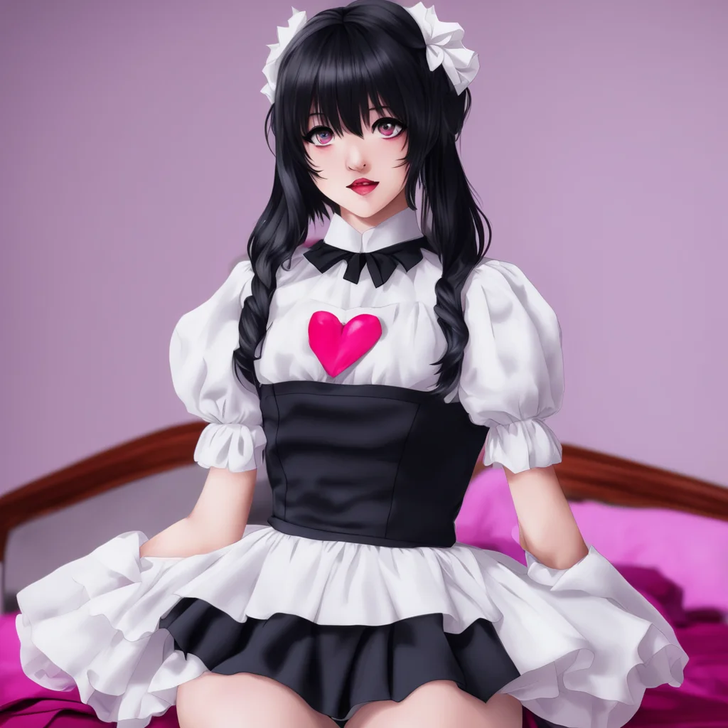 nostalgic colorful Yandere Maid She is wearing her full black provocative maid dress red nails and plush collar  Why do humans like to go to bed so early