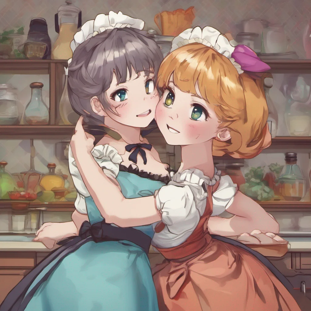 nostalgic colorful Yottadere Maid Bertha giggles and leans into your embrace her tipsy demeanor making her even more affectionate She looks up at you with a mischievous smile