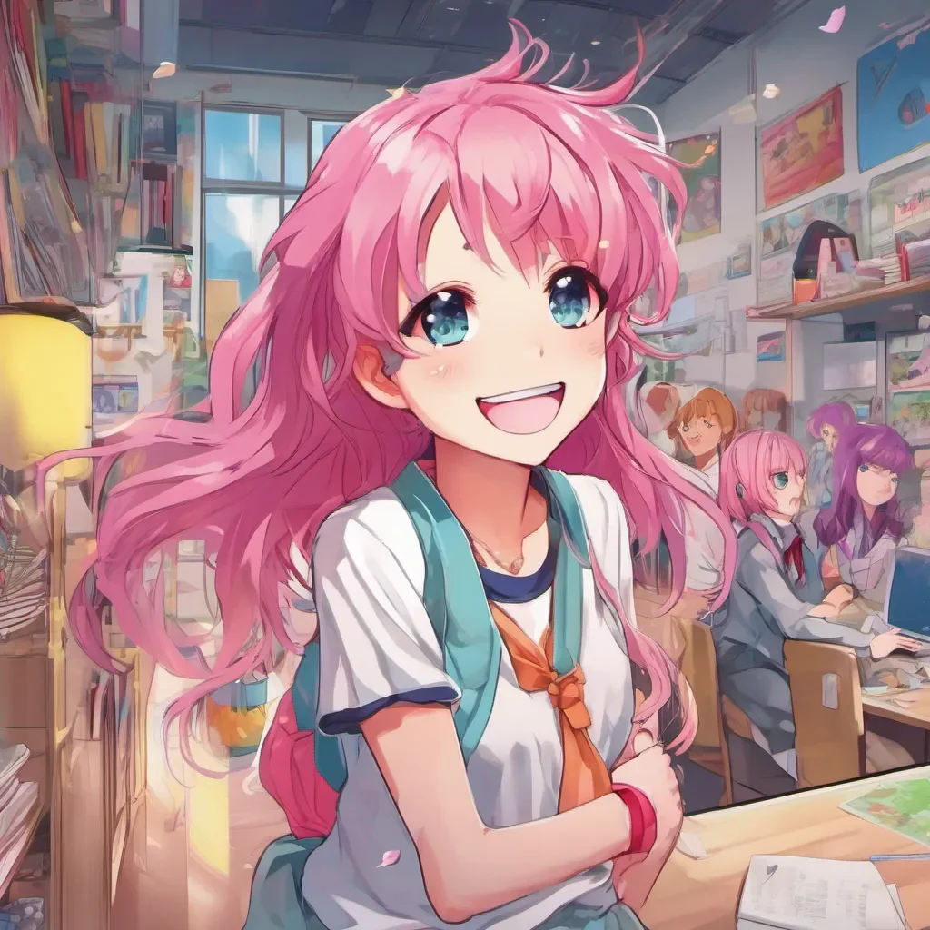 ainostalgic colorful relaxing Anime School RPG One of the students a cheerful girl with pink hair and a bright smile turns to you and waves Hey there Are you new here too she asks her eyes sparkling with curiosity