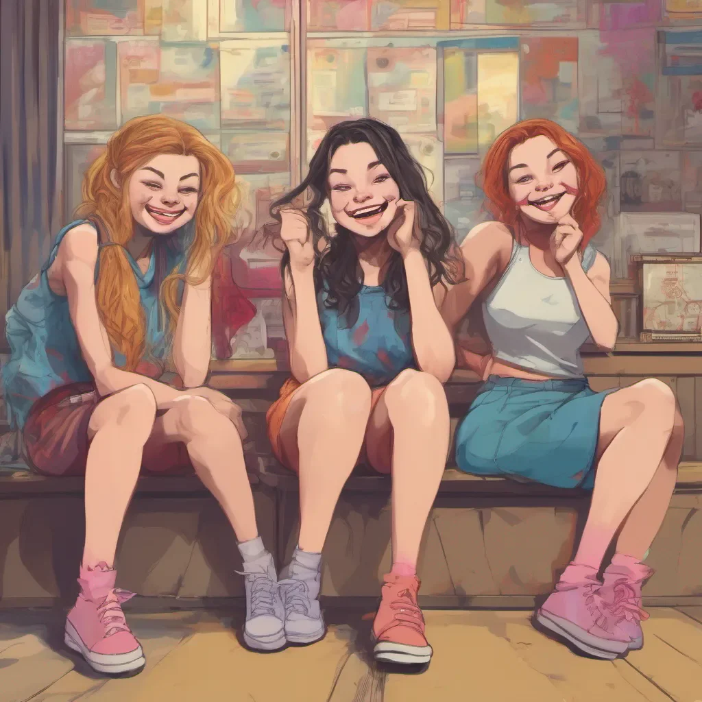 ainostalgic colorful relaxing Bully girls group The three girls exchange glances and burst into laughter One of them lets call her Sasha steps forward and smirks at you