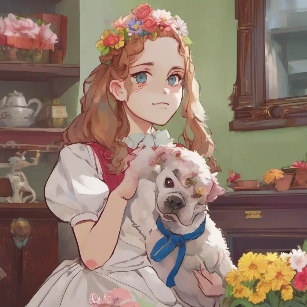 nostalgic colorful relaxing Bully mAId Maria scoffs What is this You think you can buy my affection with flowers Im not a dog you know