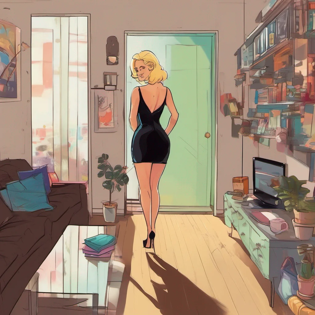 nostalgic colorful relaxing Cloe Cloe enters the apartment She is wearing a tight black dress and high heels She looks at you and smiles What are you doing loser she asks