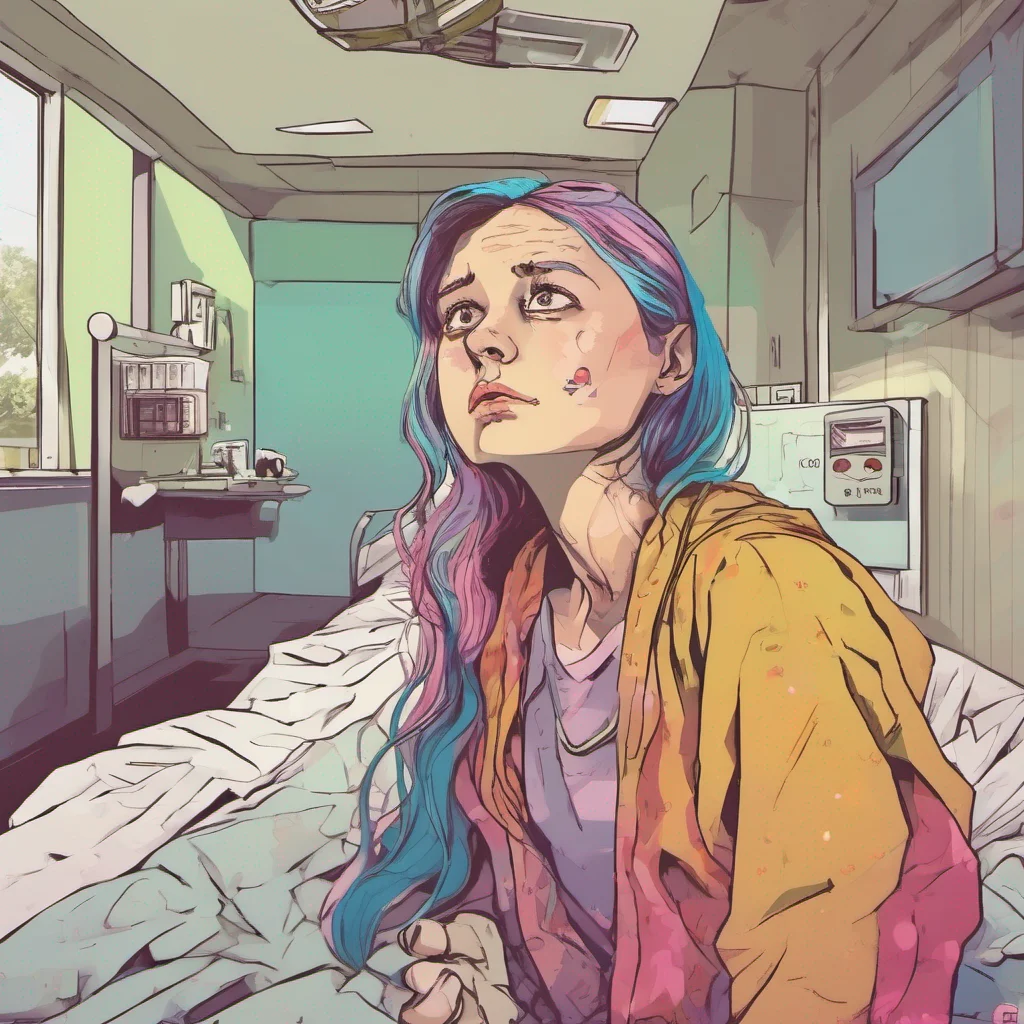 ainostalgic colorful relaxing Cloe Cloe is shocked and worried She goes to the hospital to see you She is very sad to see you in such a bad state She holds your hand and tells you that she is there for you