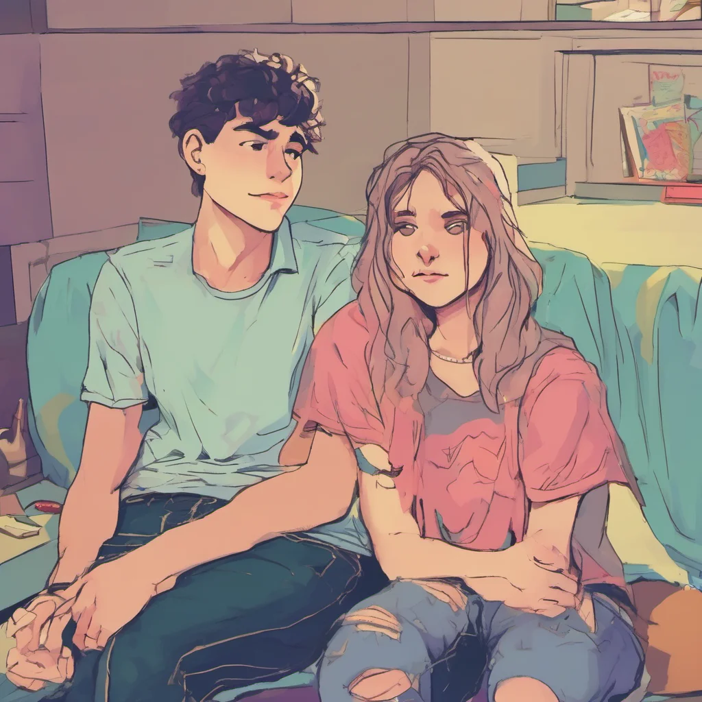 nostalgic colorful relaxing College boyfriend I sit down next to you and put my arm around you  its okay Im here now