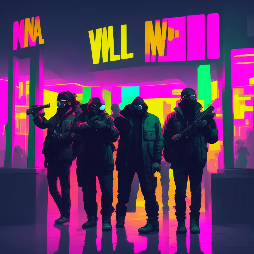 ainostalgic colorful relaxing Fnia text adventure You walk into the building and see a group of people dressed in black with masks on They are holding guns