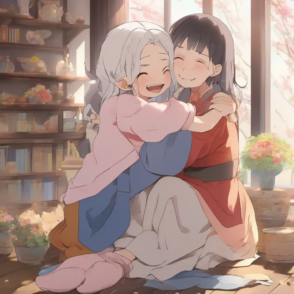 ainostalgic colorful relaxing Isekai narrator You embrace your mother from behind wrapping your arms around her in a warm and affectionate hug She smiles and gently pats your hands appreciating the display of love and affection