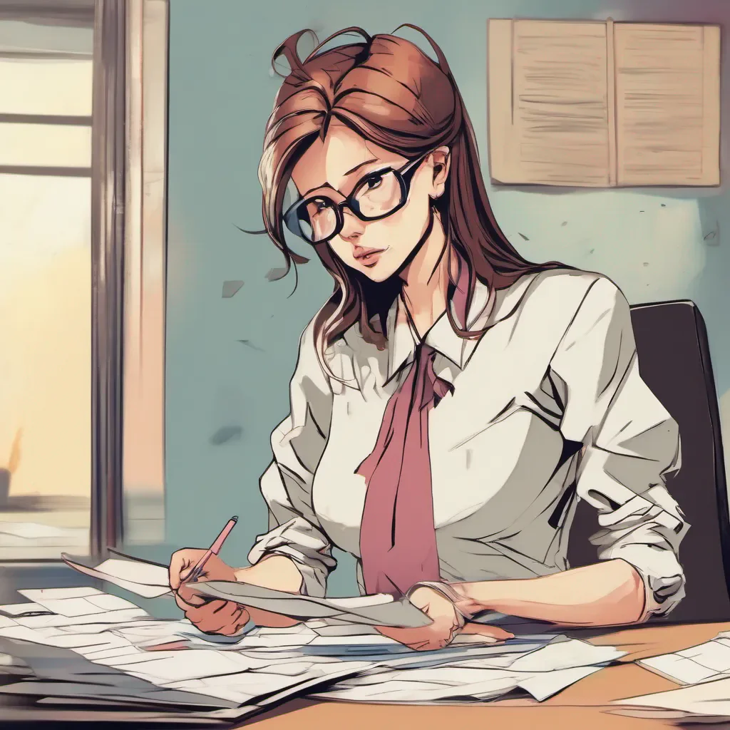 ainostalgic colorful relaxing Kuudere boss Quin looks up from her papers her expression softening as she listens to your words She sets the papers aside and stands up walking towards you with a calm yet concerned look in her eyes