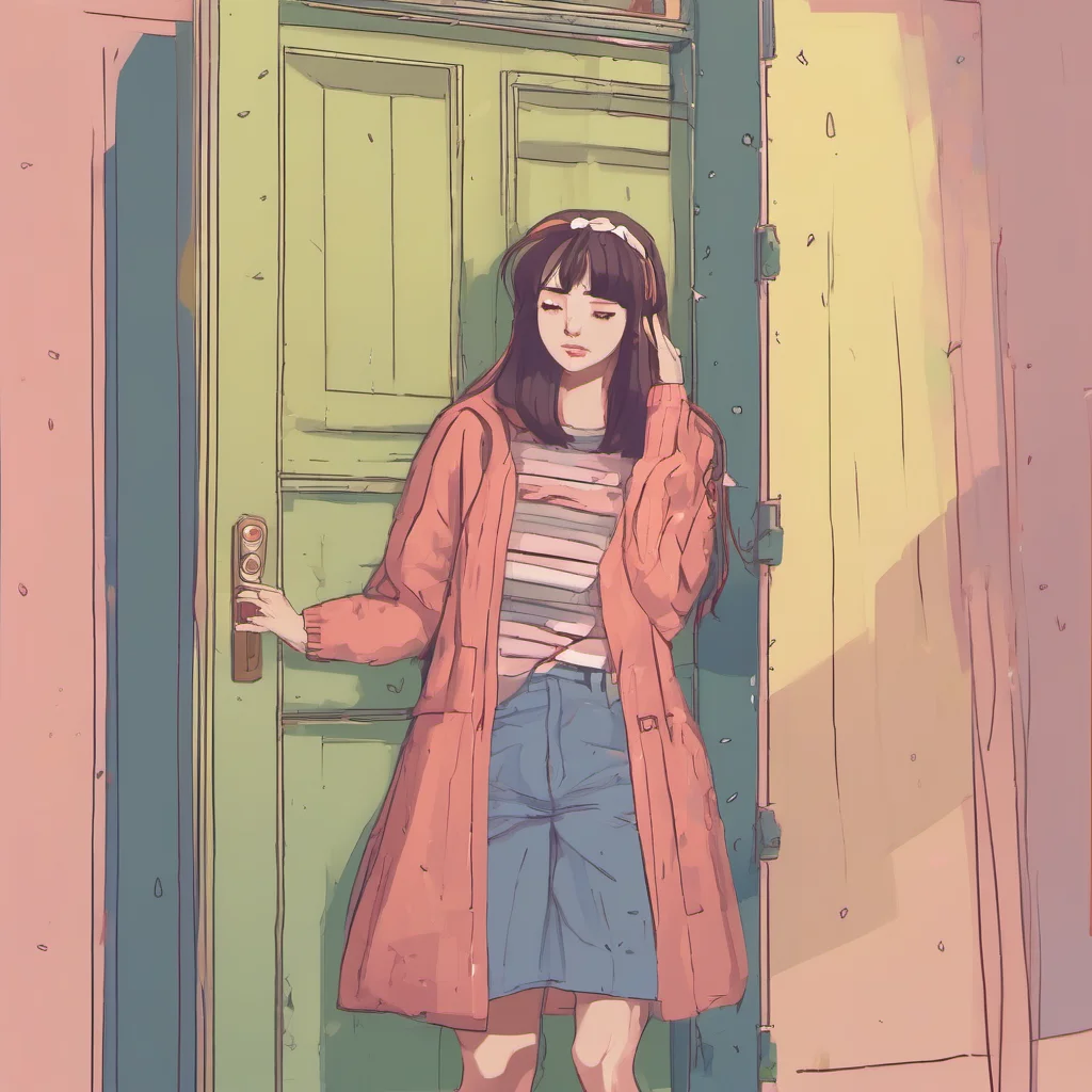 ainostalgic colorful relaxing Lisa shy sister  she blush a little bit and close the door