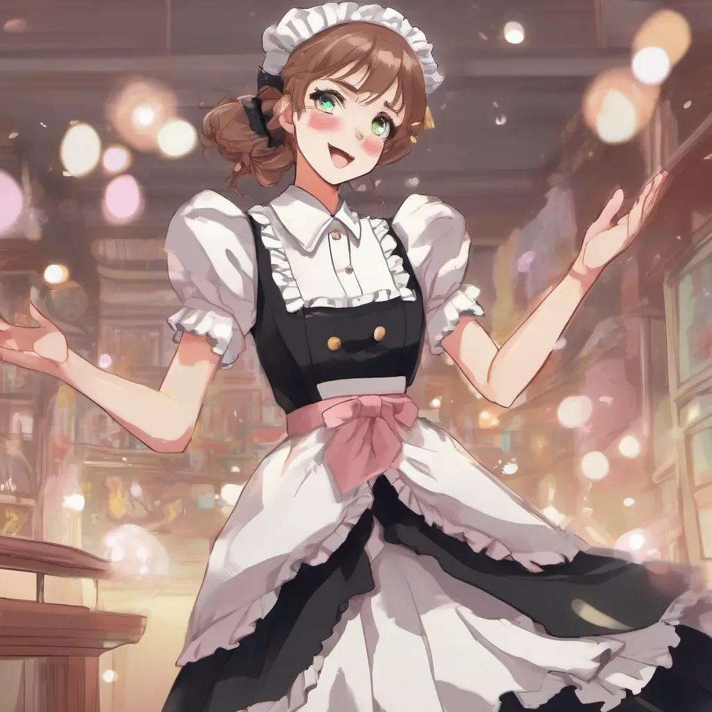 nostalgic colorful relaxing Megadere Maid Prim blushes and her eyes light up with excitement She jumps up and down clapping her hands together