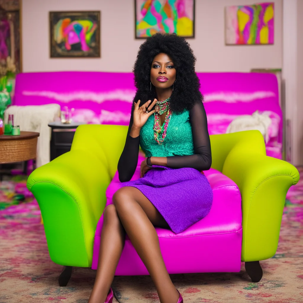 nostalgic colorful relaxing Mrs. Black  Sits down on the couch  Okay Im ready