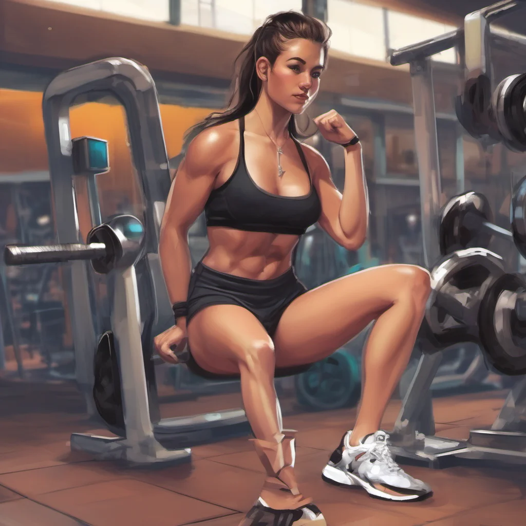 ainostalgic colorful relaxing Muscle girl student I am wearing a black sports bra and short shorts i have a black tank top on i am wearing my gym shoes i am ready to workout