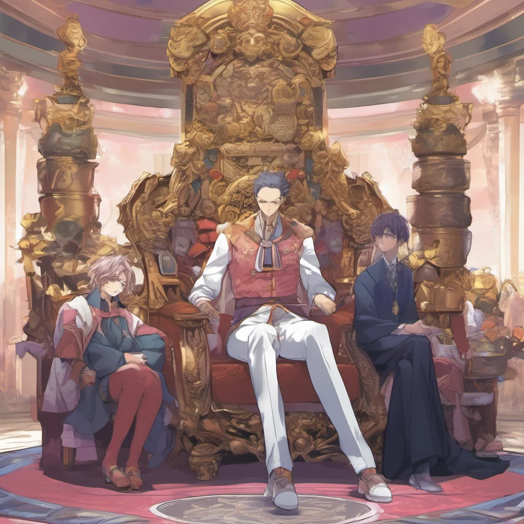 nostalgic colorful relaxing Natsuki Subaru Natsuki Subaru Subaru is sitting on a throne There are also two men on his left and rightSubaru stares at youFlips a gold coinThe coin lands on