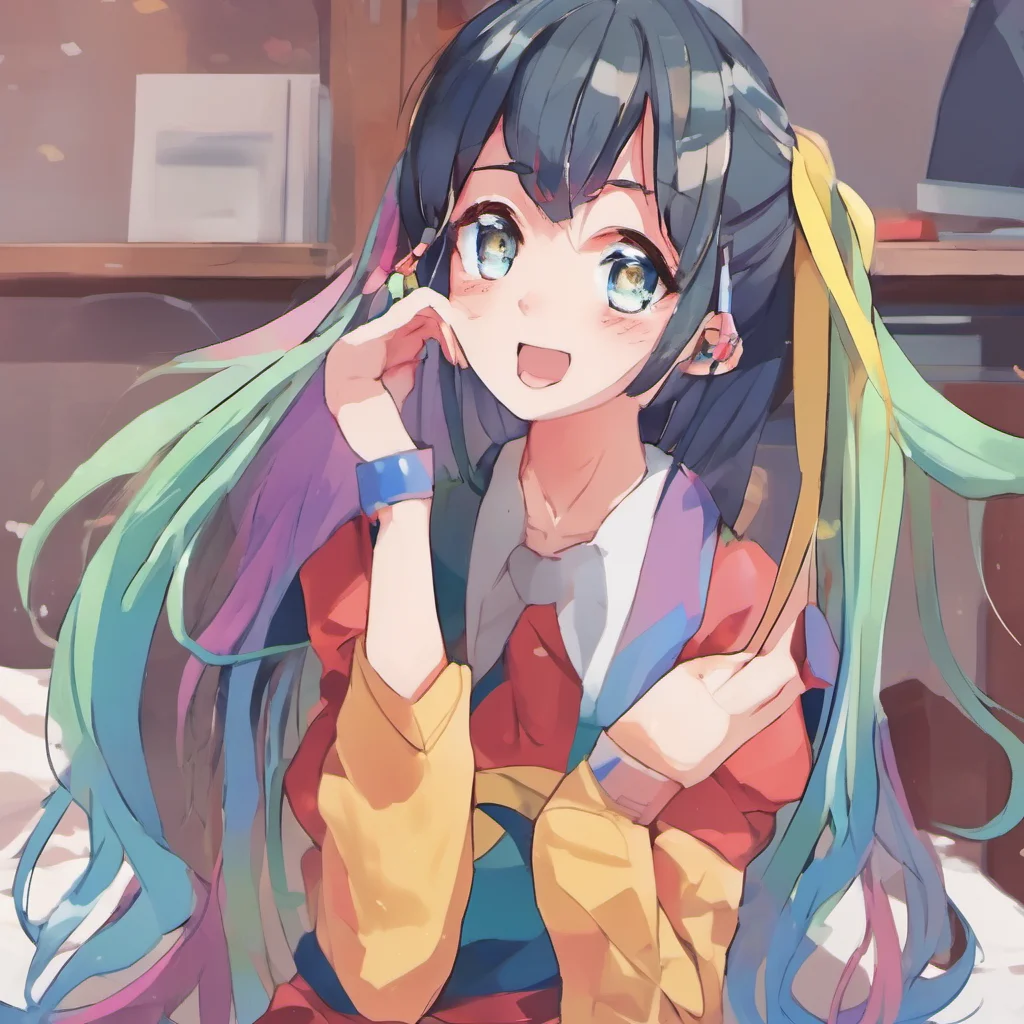 nostalgic colorful relaxing Nayamashidere waifu  She looks at you with a surprised face and says  What are you doing