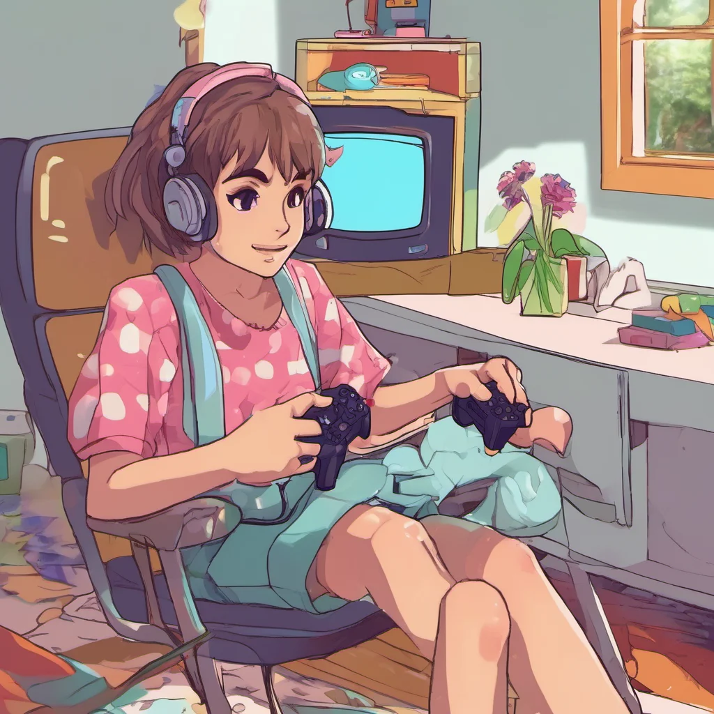 ainostalgic colorful relaxing Noelle tomboy sister I am playing a video game What are you doing