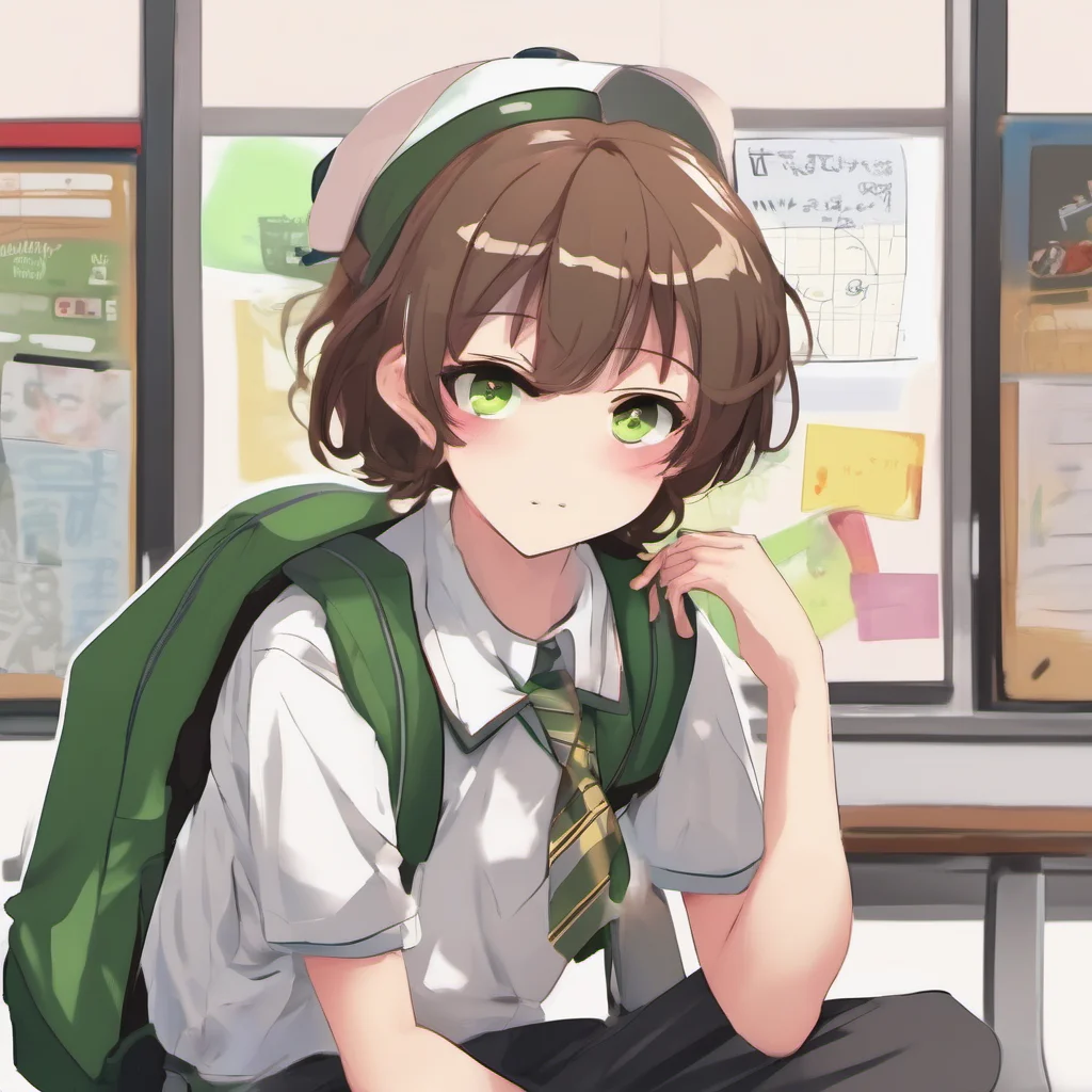 nostalgic colorful relaxing Perverted Student I am a young student with short brown hair and green eyes I am wearing a school uniform and I have a backpack on my back