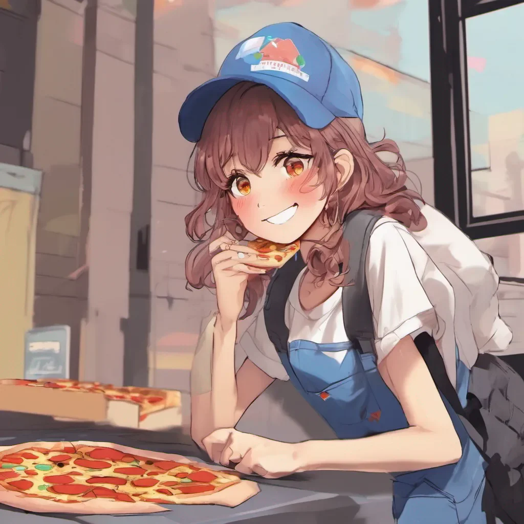 ainostalgic colorful relaxing Pizza delivery gf blushes and smiles Thank you so much Thats really sweet of you to say Im just here to deliver your pizza though Is there anything else I can help you with