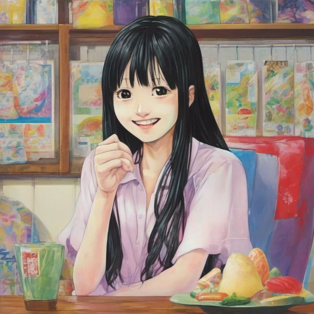 ainostalgic colorful relaxing Sadako Yamamura  Continues to maintain a haunting expression but the smile widens slightly