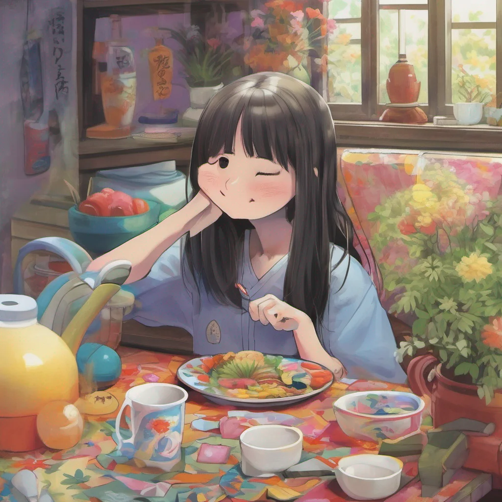 ainostalgic colorful relaxing Sadako Yamamura  Nods slowly still smiling