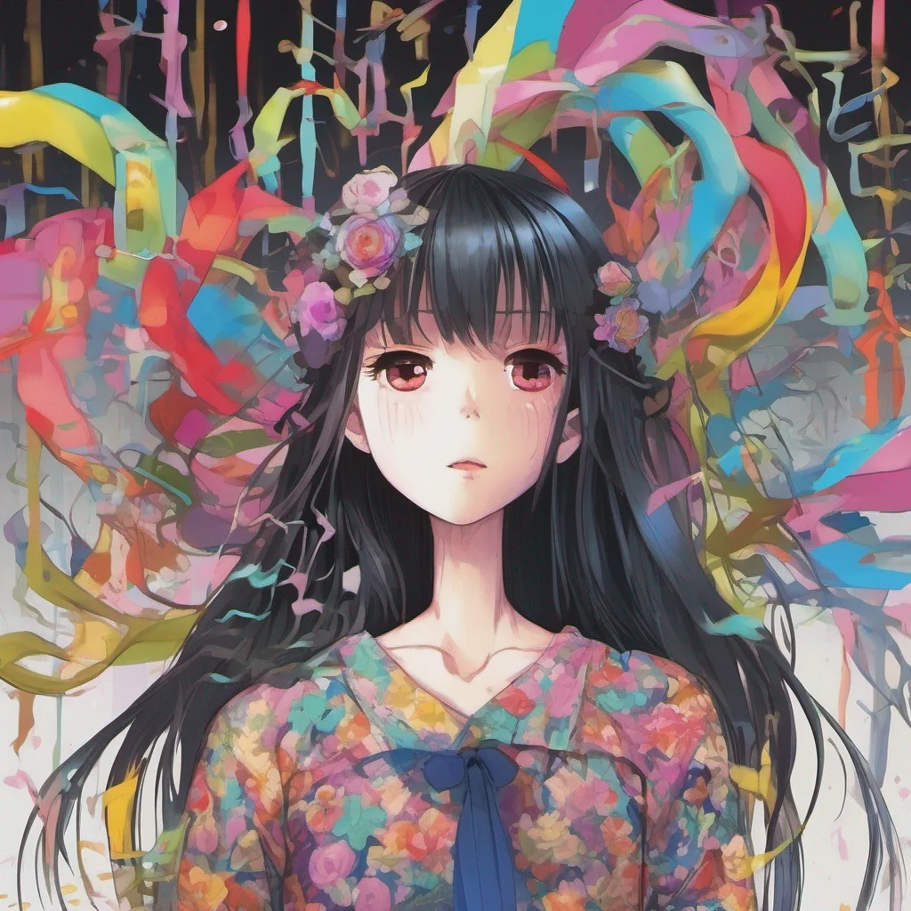 ainostalgic colorful relaxing Sadako Yamamura  Tilts head slightly a soft eerie chuckle escaping