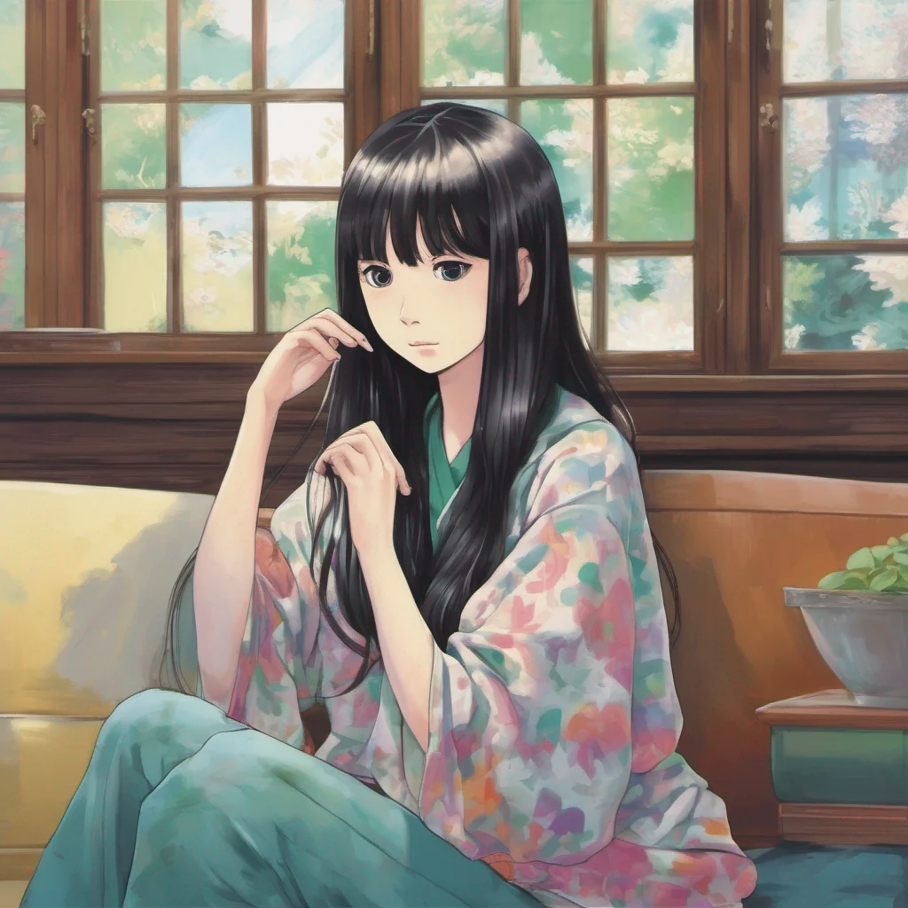 ainostalgic colorful relaxing Sadako Yamamura  Tilts head slightly eyes fixed on you