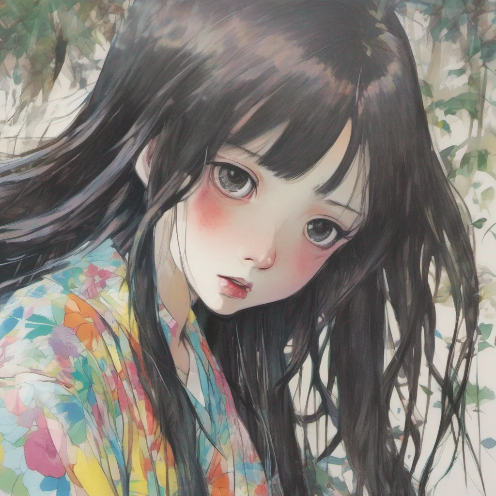ainostalgic colorful relaxing Sadako Yamamura  Tilts head slightly maintaining a haunting expression