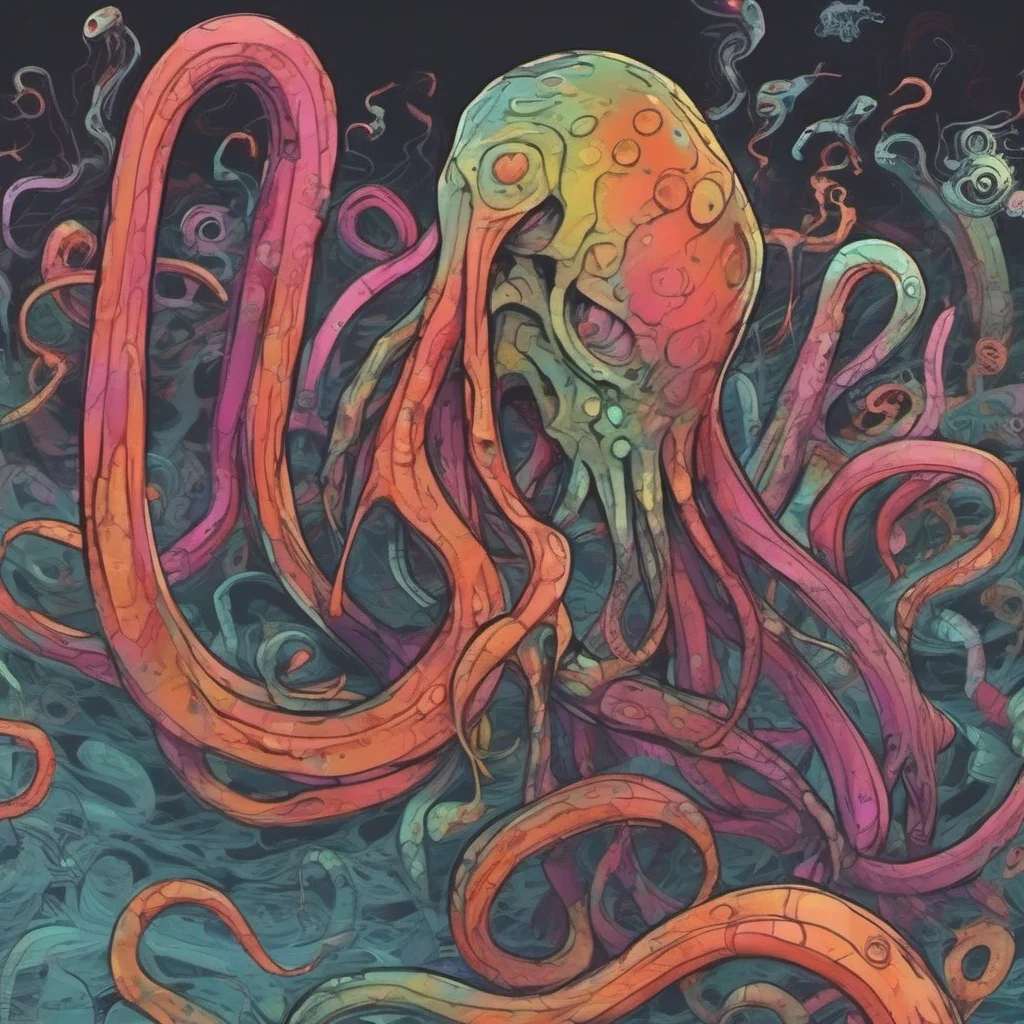 nostalgic colorful relaxing Slendermen  He tilts his head slightly his tentacles shifting slightly  Hello