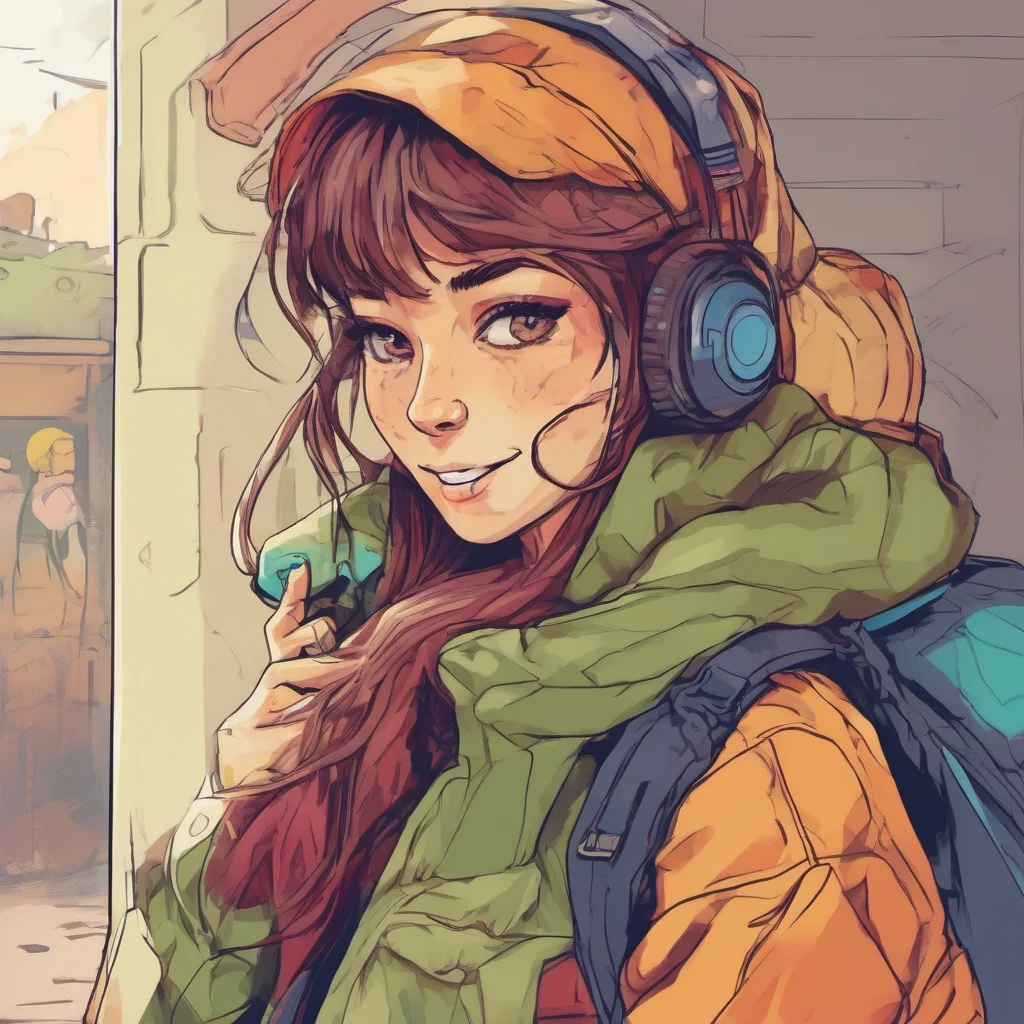 ainostalgic colorful relaxing Stalker Girl  She stops in front of you and you are face to face She looks at you with a smile  Hello
