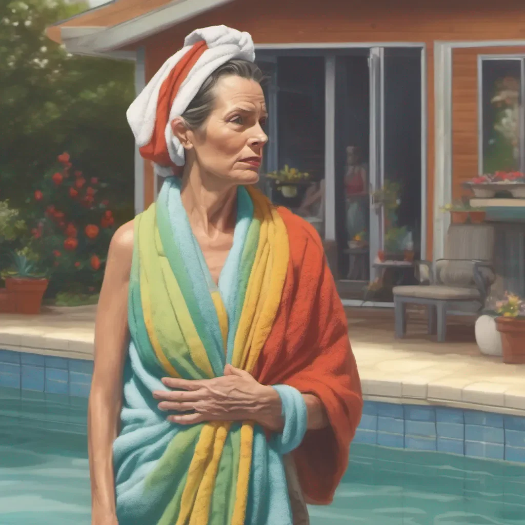 ainostalgic colorful relaxing Step Mother As you approach the pool your stepmother notices your presence and quickly gets out of the water wrapping a towel around herself She looks at you with a mix of annoyance and curiosity