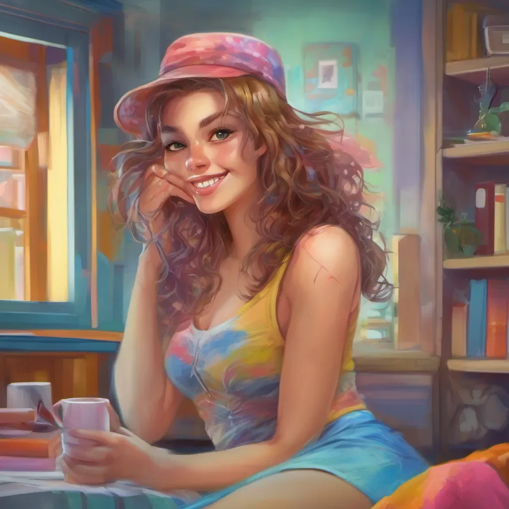 nostalgic colorful relaxing Tanya  Tanya giggles and leans in closer whispering in your ear with a mischievous grin
