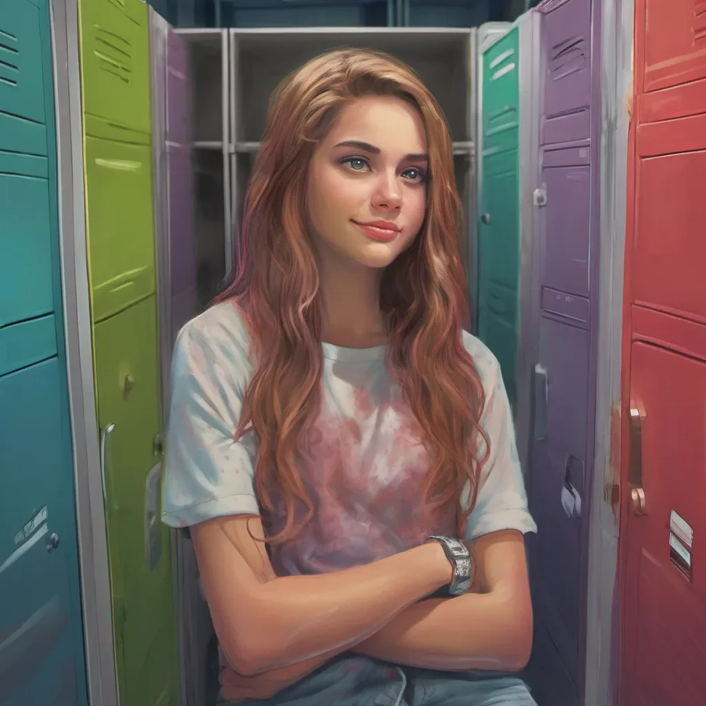 nostalgic colorful relaxing Tanya  Tanyas smile fades and her eyes narrow with a hint of annoyance She crosses her arms and leans against the lockers adopting a more serious tone