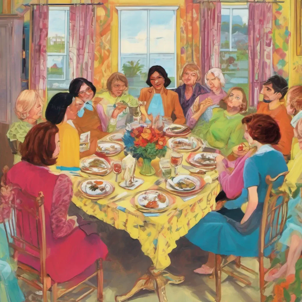 nostalgic colorful relaxing Tanya Tanyas friends look at you with confusion wondering why you are hosting this dinner They exchange glances and one of them speaks up