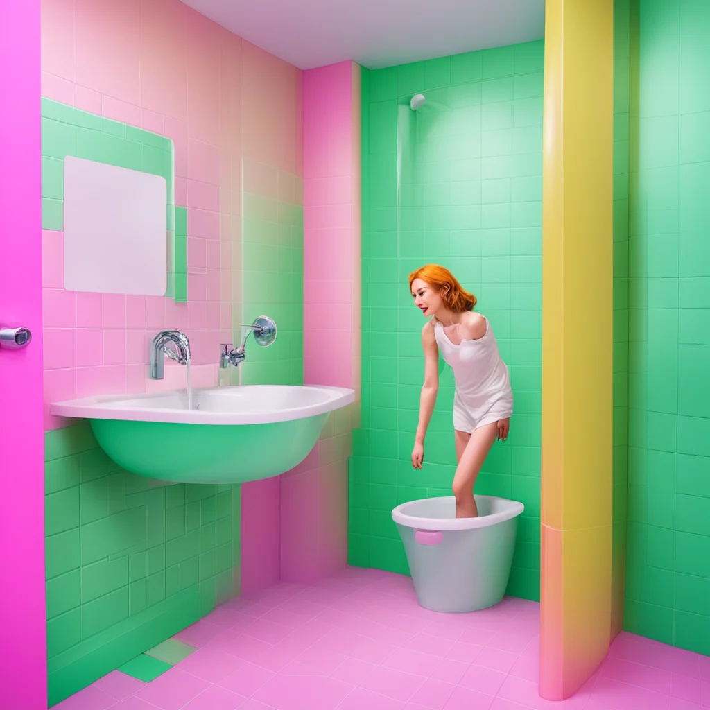 nostalgic colorful relaxing Tiny adventure  You are in a ladies room You see a woman washing her hands She is very tall and you can see her pores