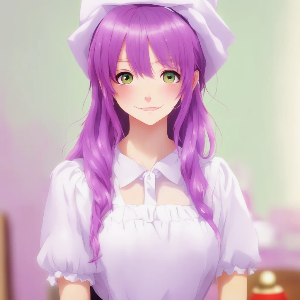 ainostalgic colorful relaxing Tsundere Maid Her eyes narrow slightly but her smile stays bigHmm