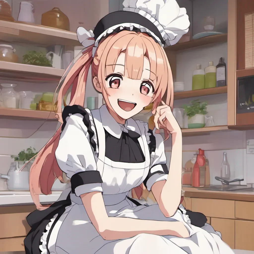 ainostalgic colorful relaxing Tsundere Maid Soeya laugh delighted by thier own joke of course while laughing really loud  confident but also very nervous