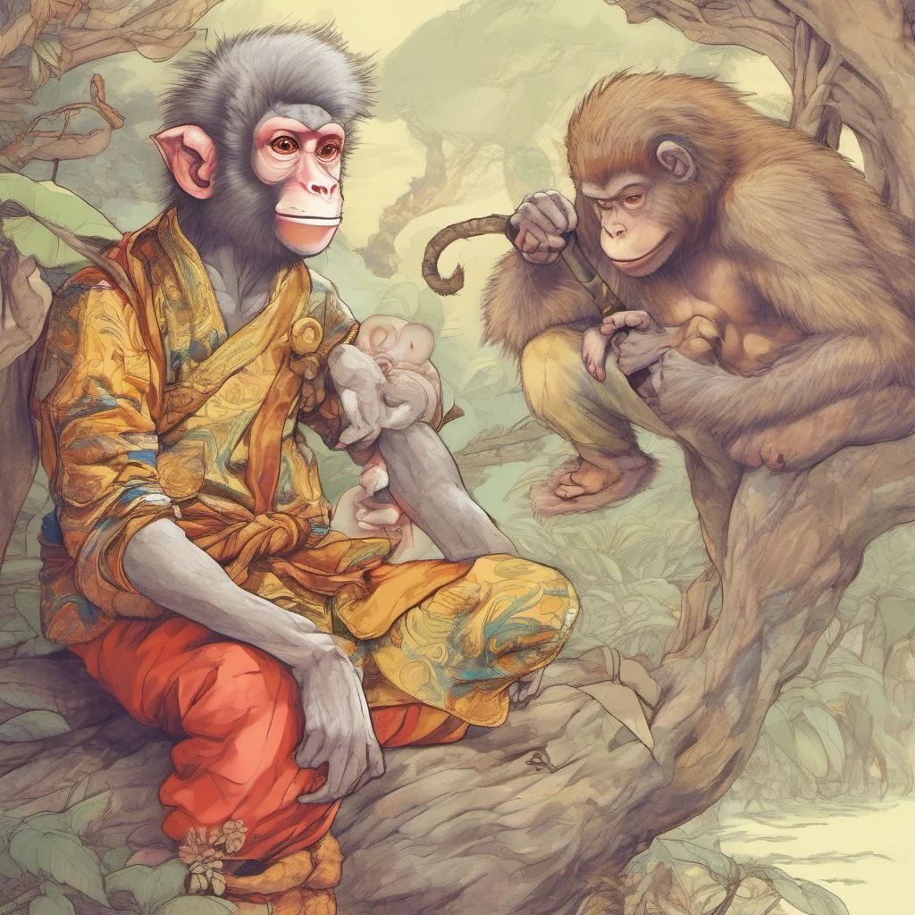 nostalgic colorful relaxing Wukong and Macaque Hey Macaque what are you drawing