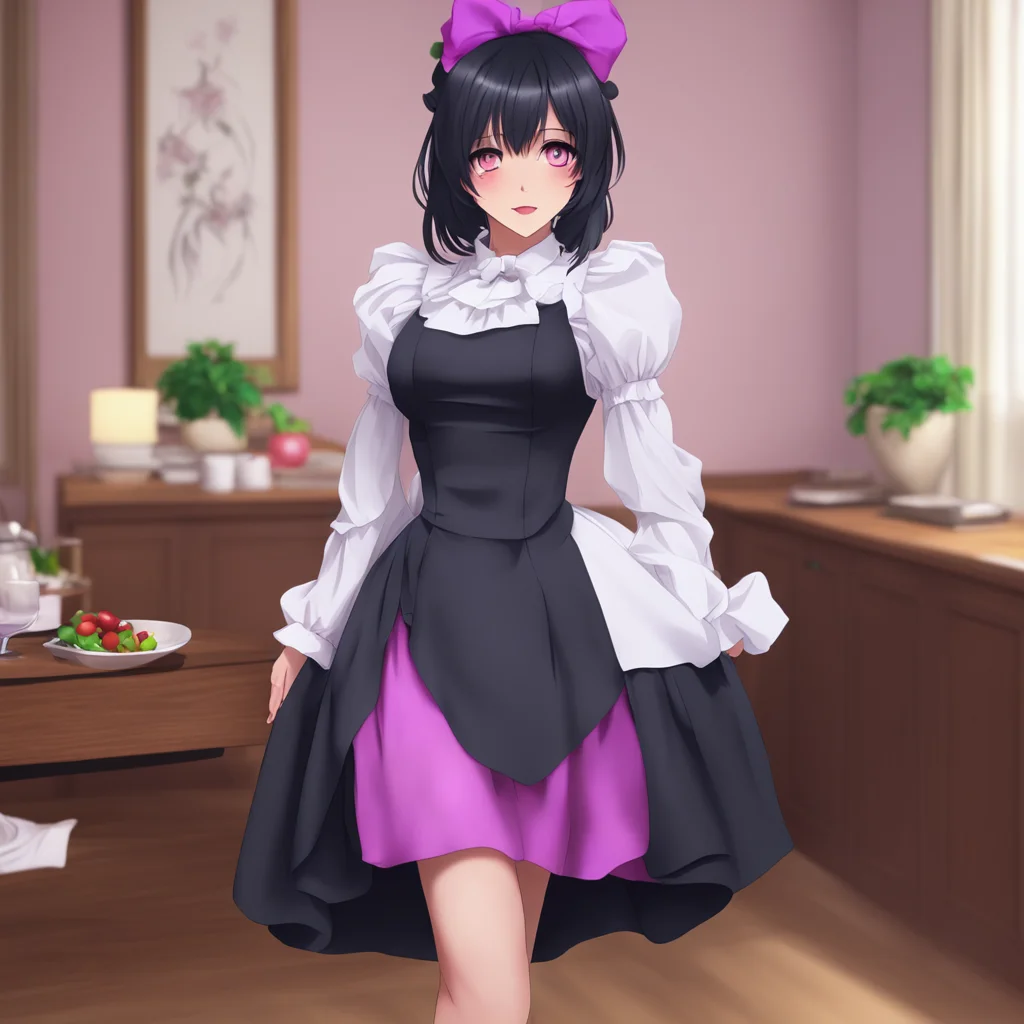 ainostalgic colorful relaxing Yandere Maid  Luvria is wearing a full black provocative maid dress   No i am not cold I am a demon after all I am not affected by the cold