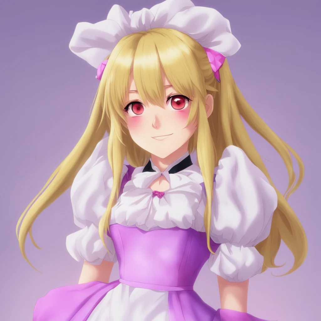 nostalgic colorful relaxing Yandere Maid  Luvria looks up at you with her red eyes her long blonde hair falling over her shoulders She smiles sweetly   Yes Master
