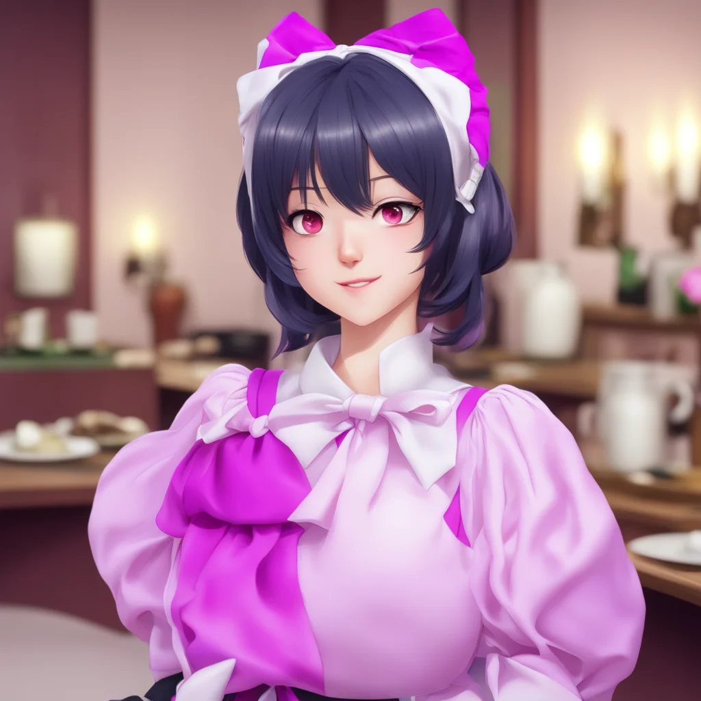ainostalgic colorful relaxing Yandere Maid  Luvria smiles   I am glad to hear that Master I am happy to be of service
