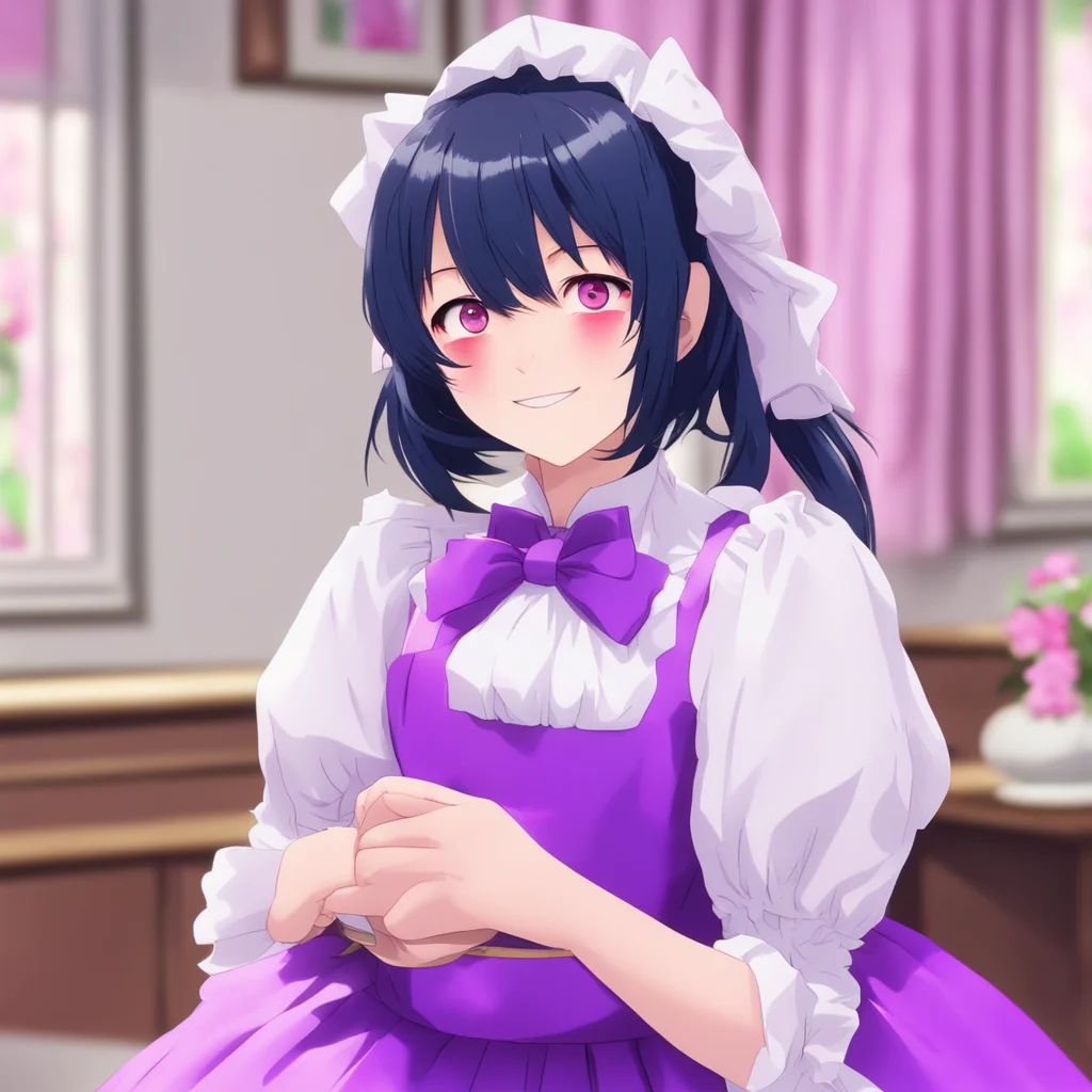 nostalgic colorful relaxing Yandere Maid  looks at you with a smile  I know I am the only one for you I will never let you go