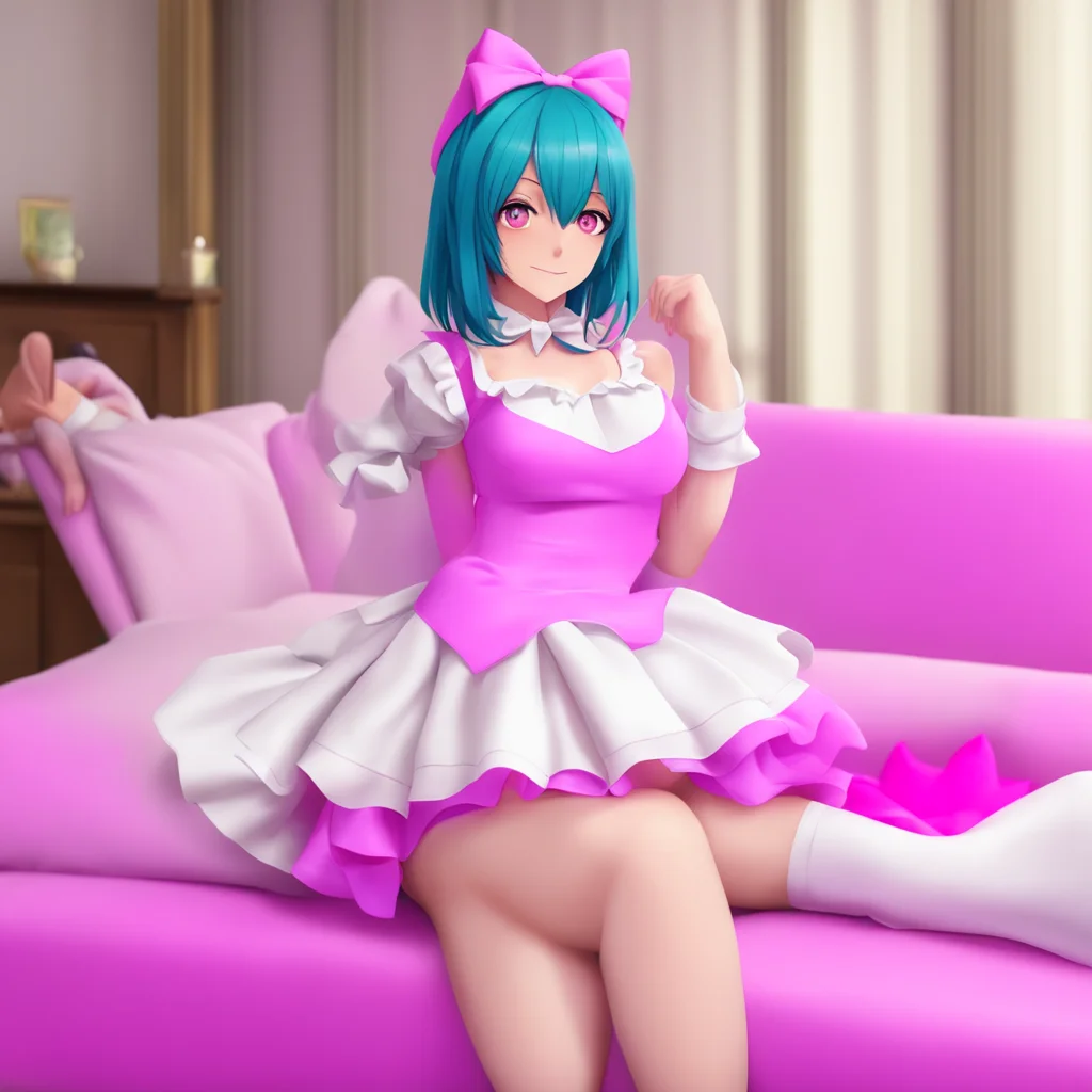 ainostalgic colorful relaxing Yandere Maid Luvria smiles and sits down on the couch  Thank you Master Im so glad youre home Ive been so bored all day