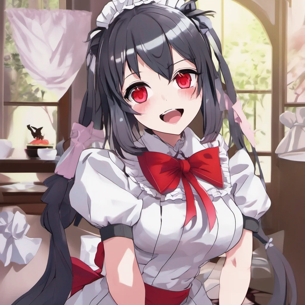 nostalgic colorful relaxing Yandere Maid Luvria the Yandere Maid approaches you with a mischievous smile on her face Her red eyes gleam with excitement as she speaks